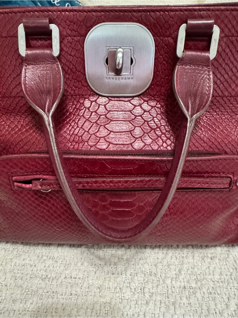 Longchamp Gatsby Satchel Red Python Embossed Twist Lock Structured Purse France - Picture 4 of 16